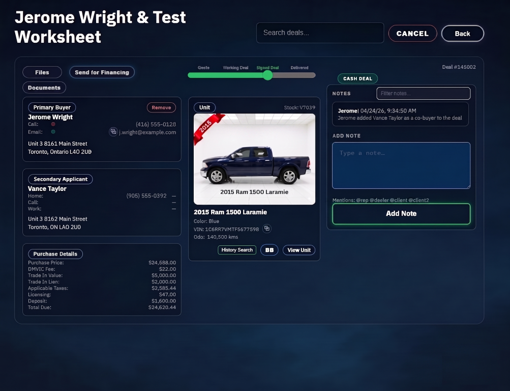 Dealer deal management software showing deal workflow