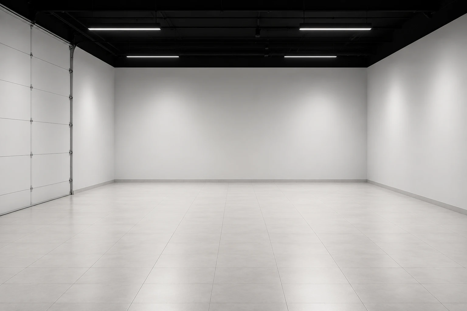 Dark ceiling and white tile showroom background option